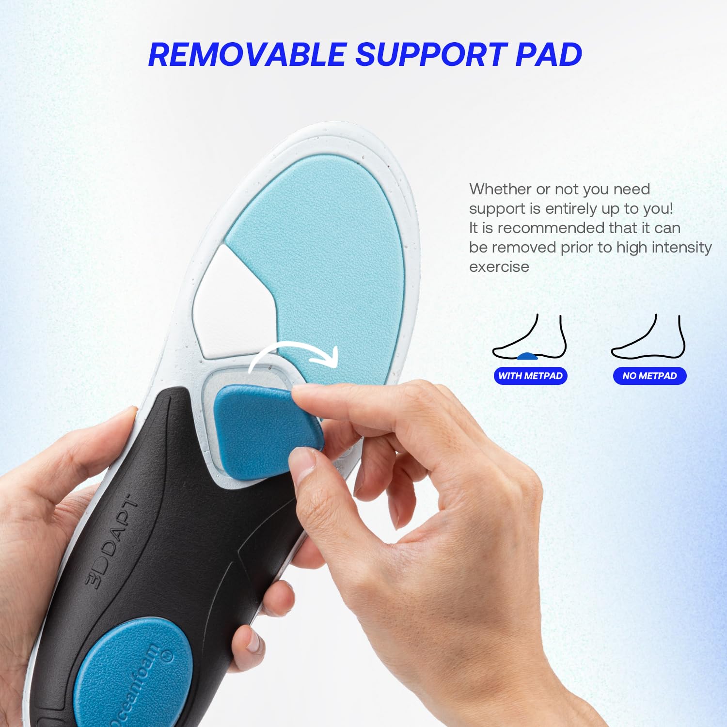 VALSOLE detachable metatarsal pad distributes pressure for fatigue-free training.