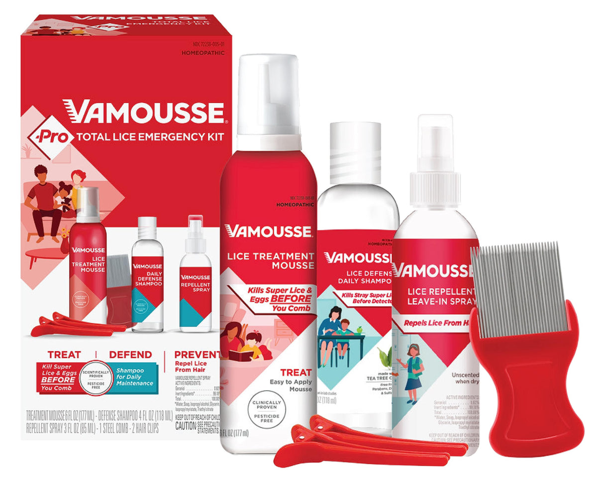 Vamousse PRO mousse bottle for fast lice treatment with easy rinsing.