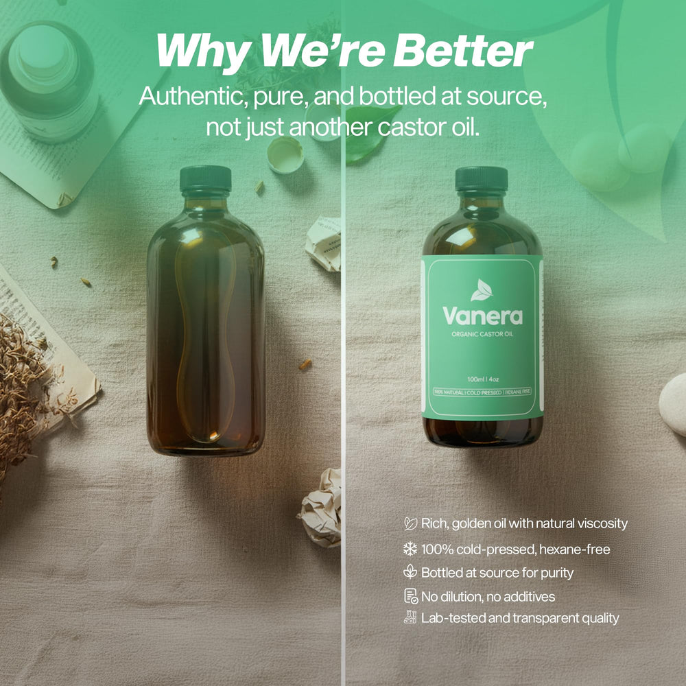 Vanera Castor Oil texture close-up highlighting rich, thick consistency.