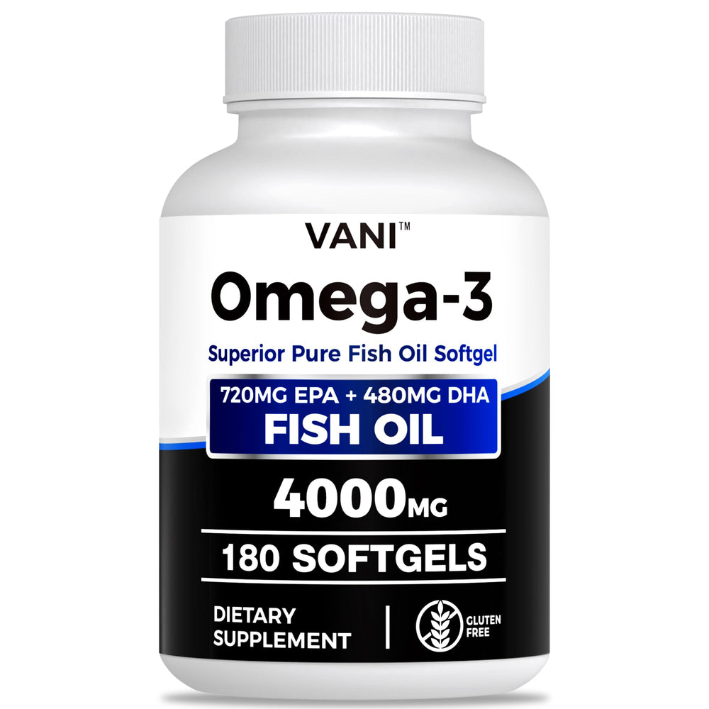 VANI Fish Oil 4000mg bottle pour showing omega-3 softgels for daily use.