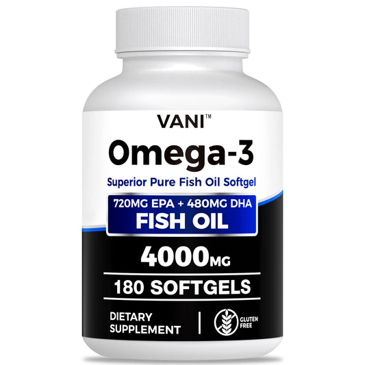VANI Fish Oil 4000mg bottle pour showing omega-3 softgels for daily use.
