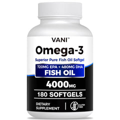 VANI Fish Oil 4000mg bottle pour showing omega-3 softgels for daily use.
