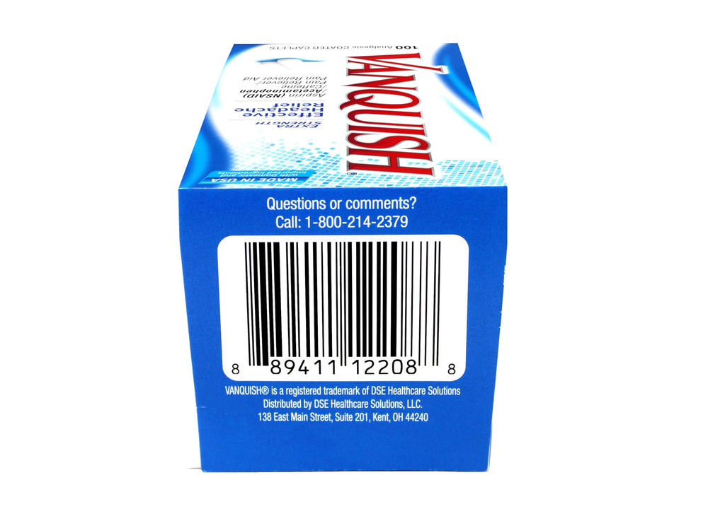 Vanquish caplets poured into hand for portable headache relief option