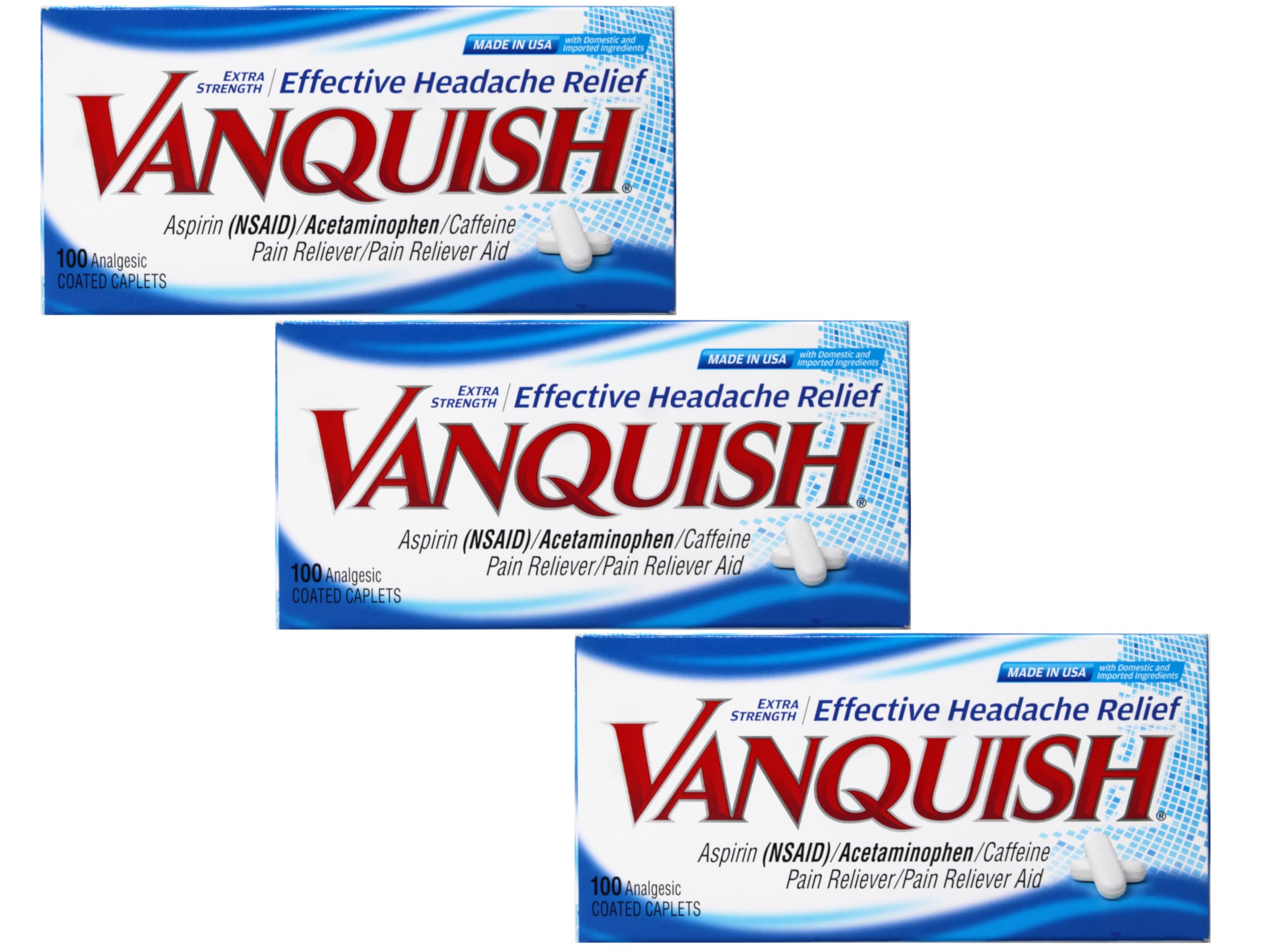 Vanquish extra strength caplets bottle front view showing packaging for fast relief