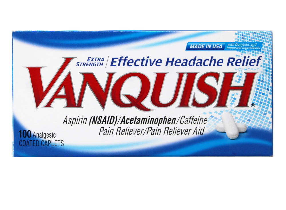 Vanquish headache relief caplets swallowing view highlights easy-to-swallow coating