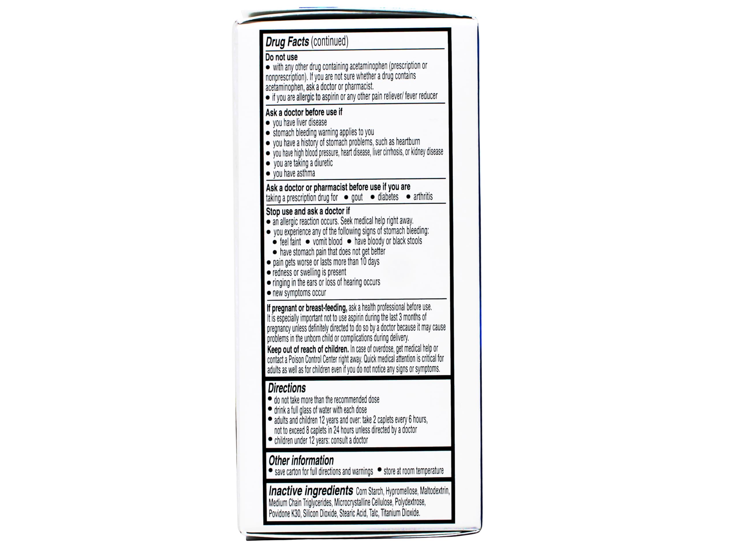 Vanquish Pain Reliever dosage information panel for quick reference