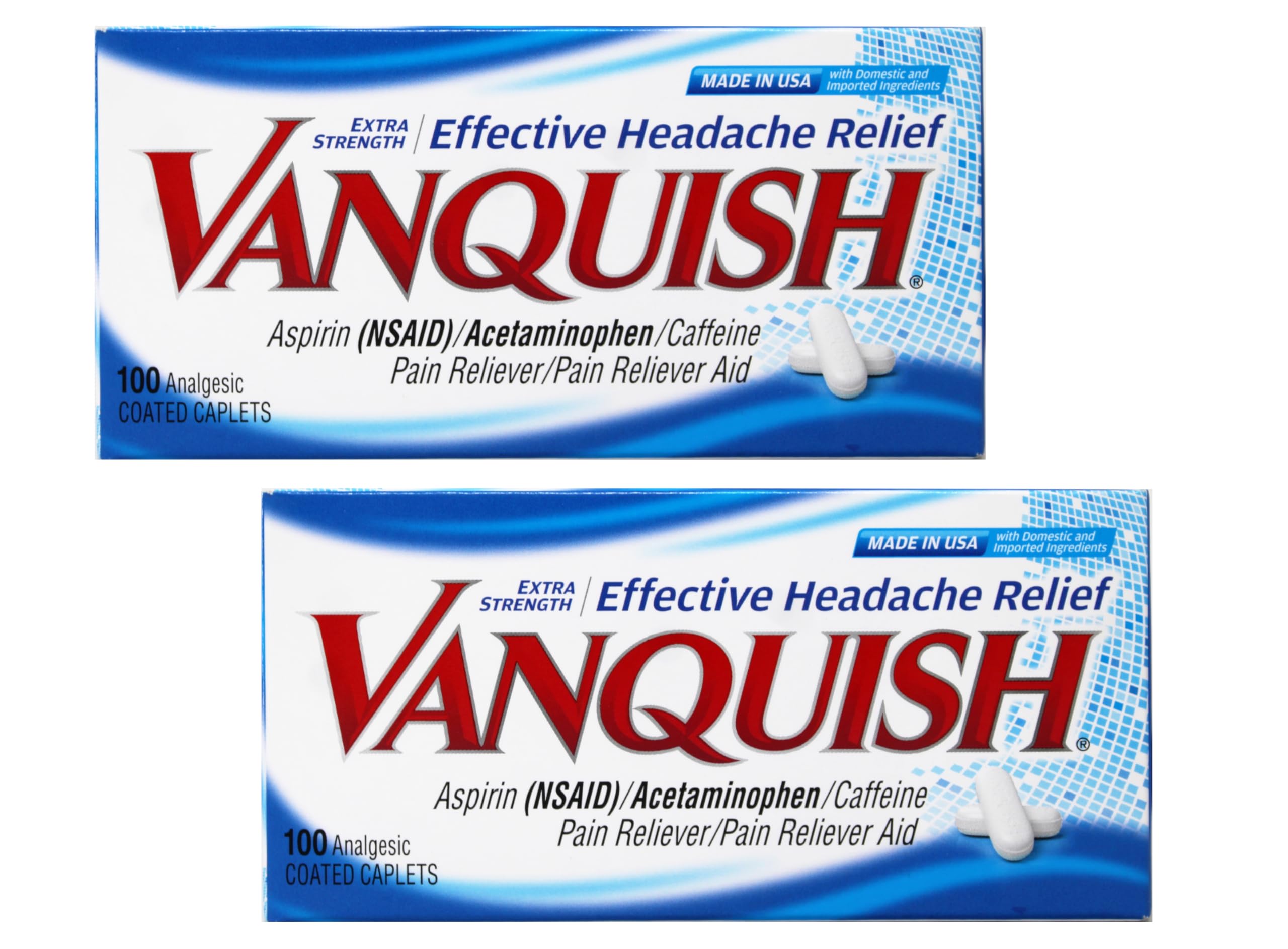 Vanquish Pain Reliever bottle with label and Bayer-backed 60-Day Guarantee