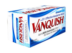 Vanquish Pain Reliever tablet close-up highlighting acetaminophen, aspirin, caffeine blend