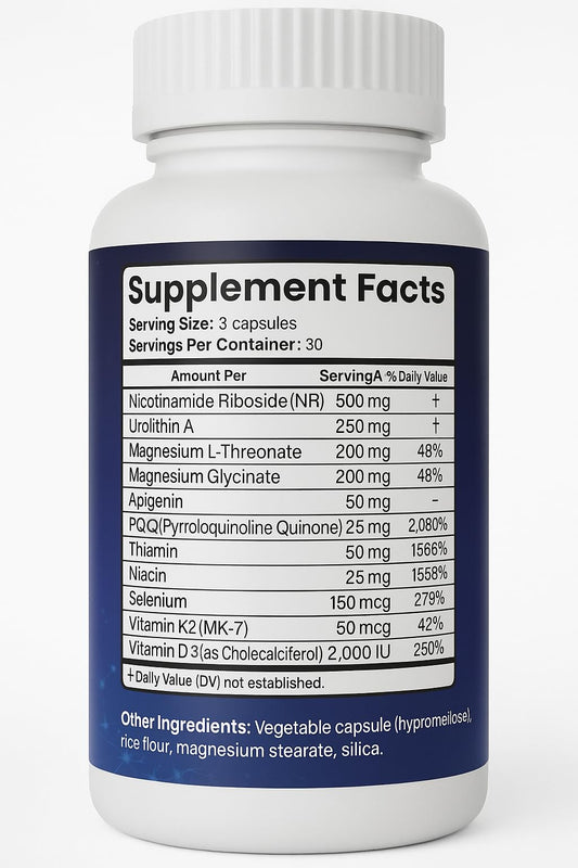 Vantanex MitoFusion bottle side view displays the product label with dosing information