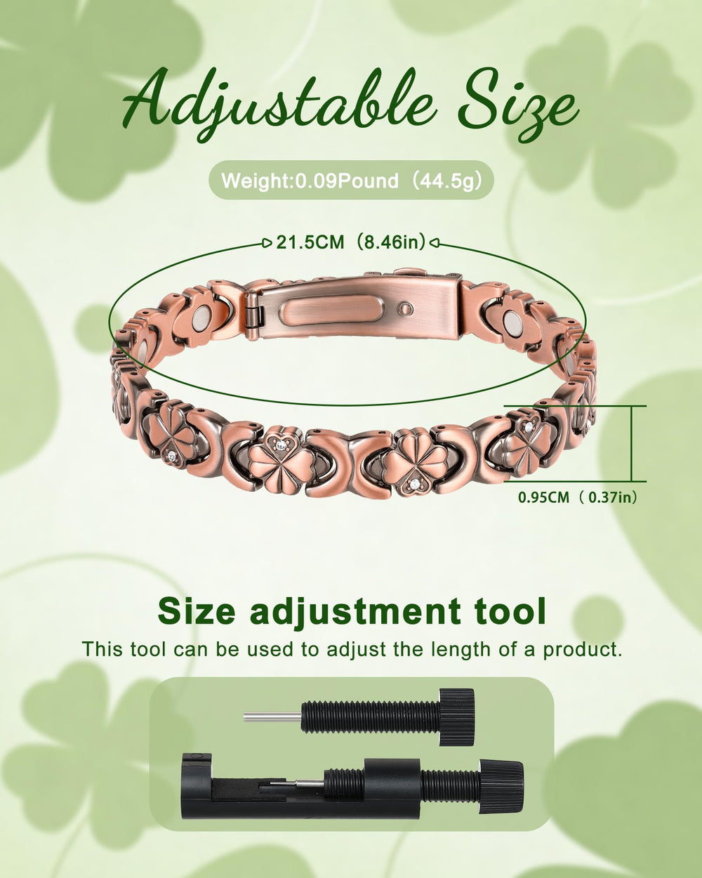 Vapeples adjustable copper bracelet includes sizing tool for a perfect fit.