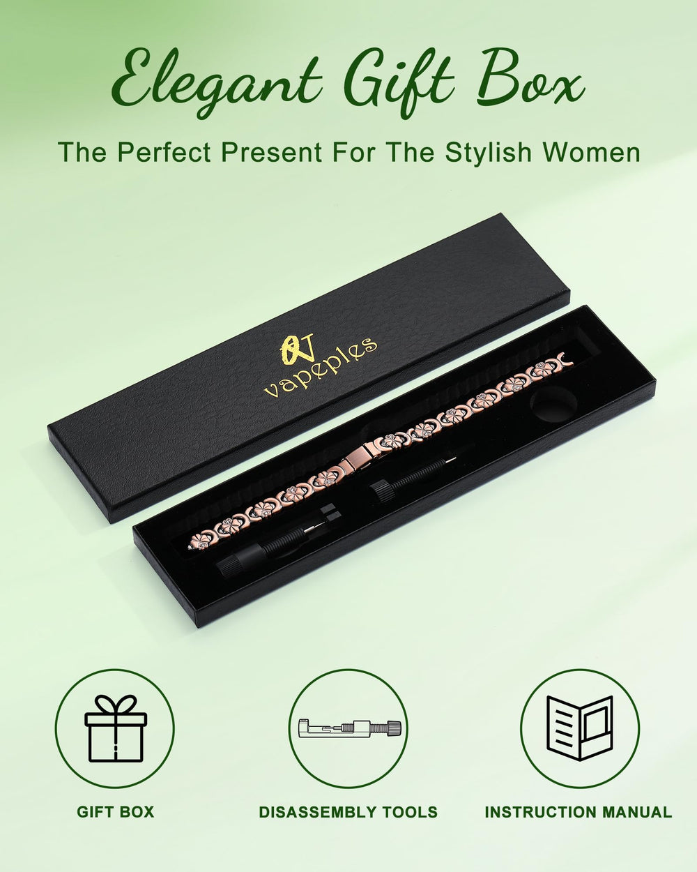Vapeples copper bracelet on wrist demonstrates 8.46 inch length.