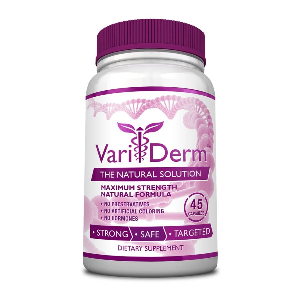 VariDerm varicose vein supplement bottle for convenient daily leg support.