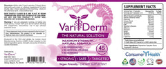 VariDerm varicose vein supplement capsules closeup highlighting easy dosing.