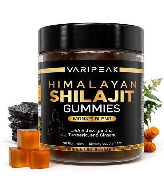 Varipeak 4-in-1 organic Himalayan Shilajit gummies bottle for daily energy support.