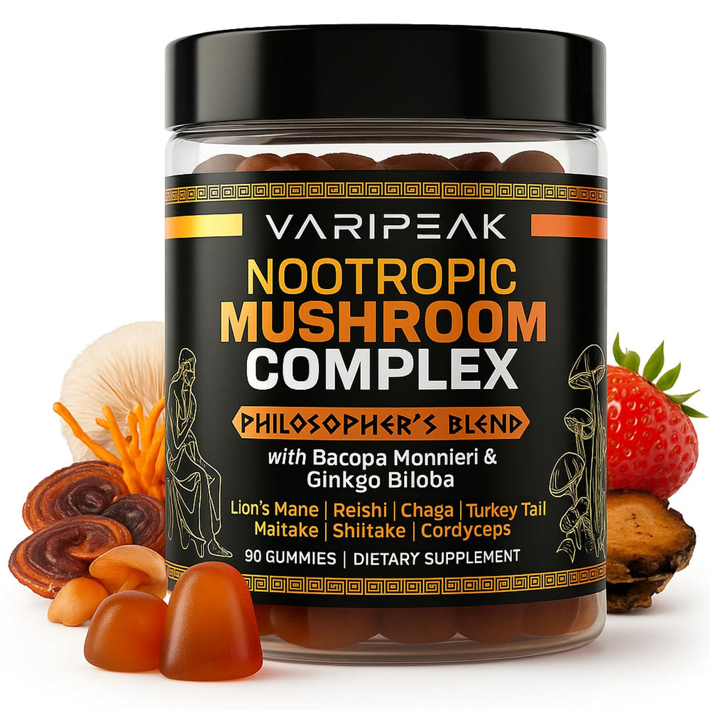 Varipeak bottle front showing 9-in-1 gummies for enhanced focus and daily clarity
