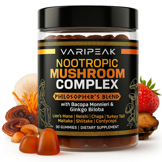 Varipeak bottle front showing 9-in-1 gummies for enhanced focus and daily clarity