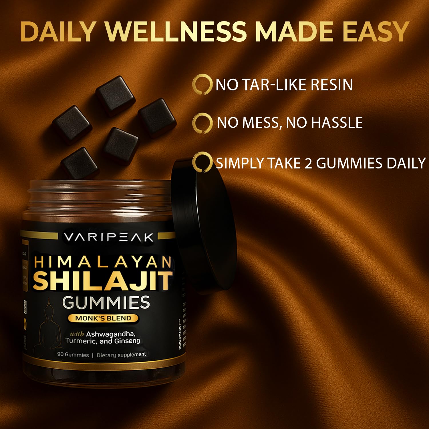 Varipeak ashwagandha-turmeric-ginseng gummies bottle label demonstrates adaptogen blend for calm focus.