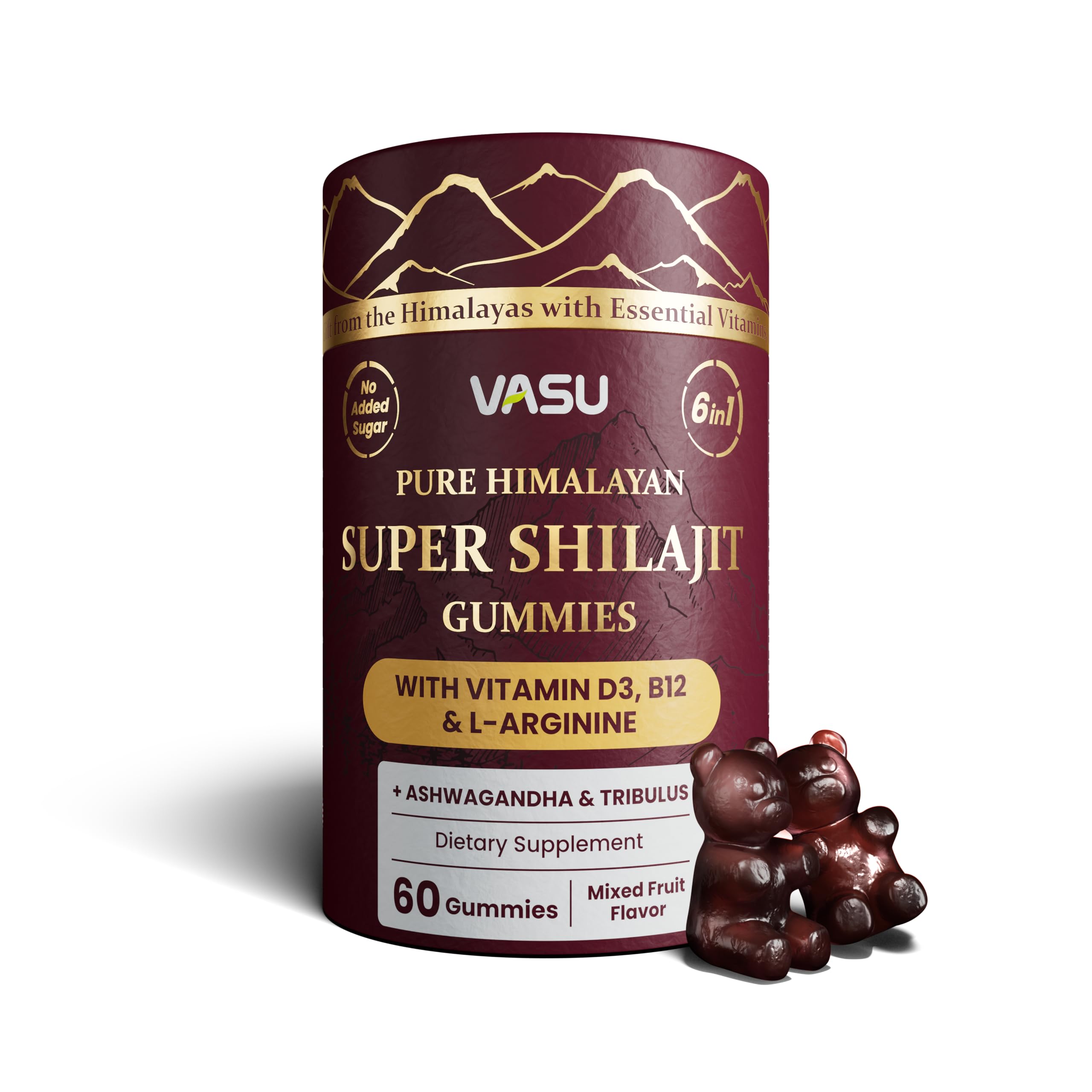 Vasu 6-in-1 gummies packaging with on-the-go energy support.