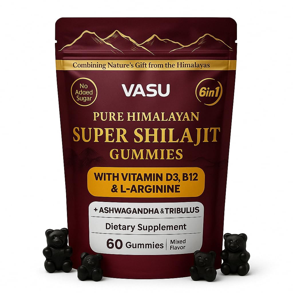 Vasu 6 in 1 Shilajit Gummies bottle front highlighting the energy-supporting blend.