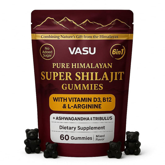 Vasu 6 in 1 Shilajit Gummies bottle front highlighting the energy-supporting blend.