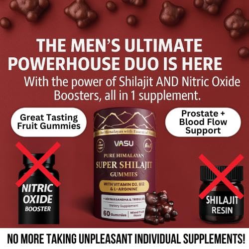 Ingredients label closeup lists Shilajit resin and key vitamins on the bottle.