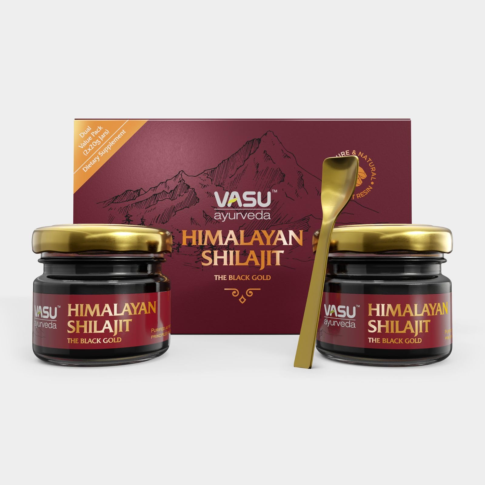 VASU Shilajit resin jar close-up showing pure Himalayan resin for daily energy