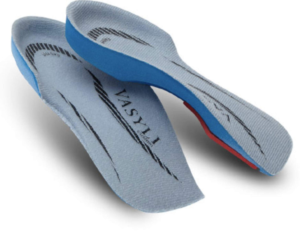 Vasyli Custom Easyfit insoles shown with lateral cutaway for heel stability and control.