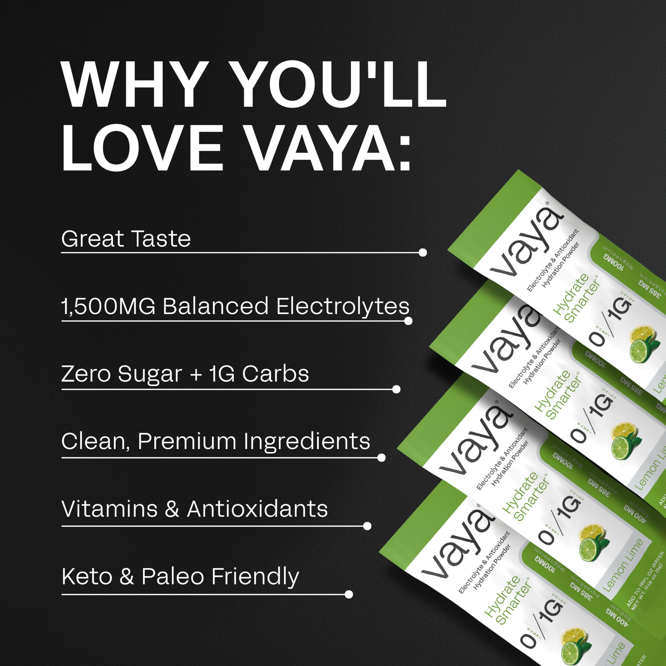 Vaya lemon-lime electrolyte packets closeup showing convenient individual servings.