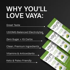 Vaya lemon-lime electrolyte packets closeup showing convenient individual servings.
