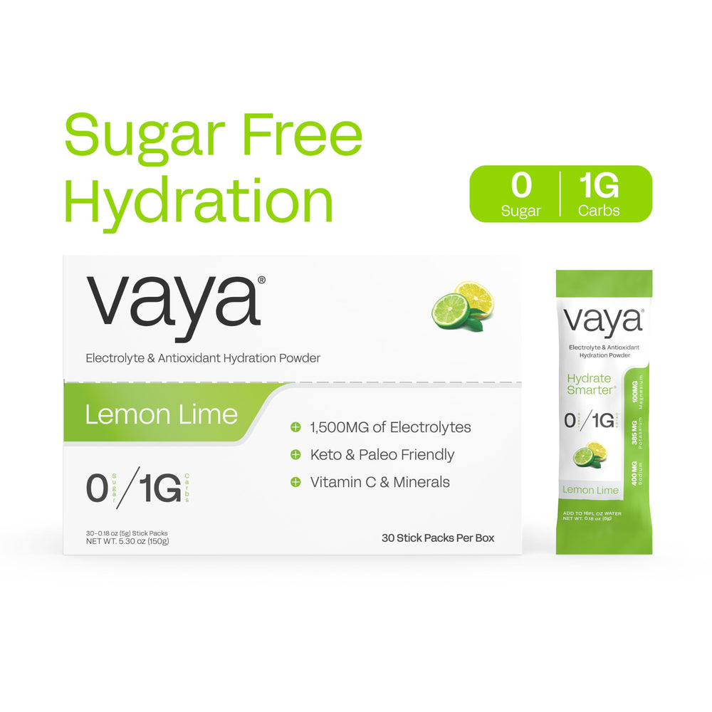 Vaya lemon-lime electrolyte packets and tub highlighting keto-friendly formula.