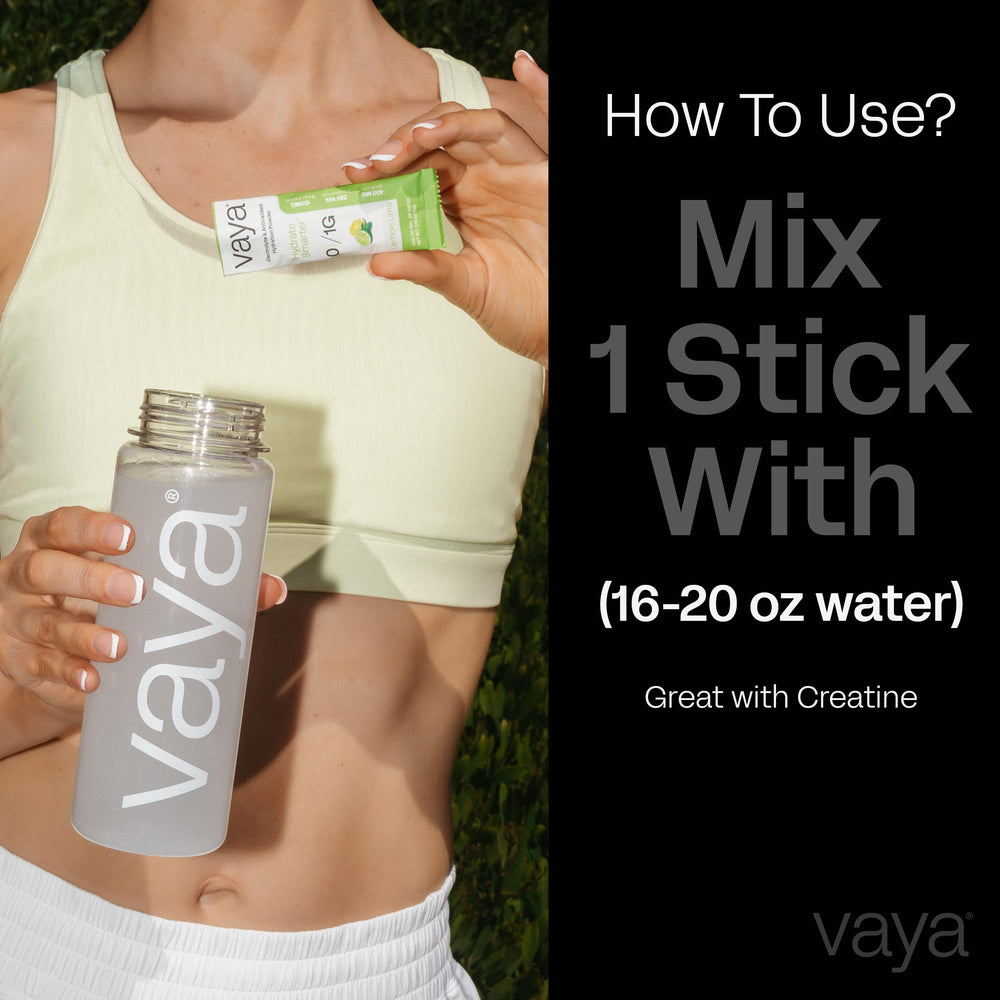 Vaya electrolyte packets displayed on a kitchen counter for on-the-go hydration.
