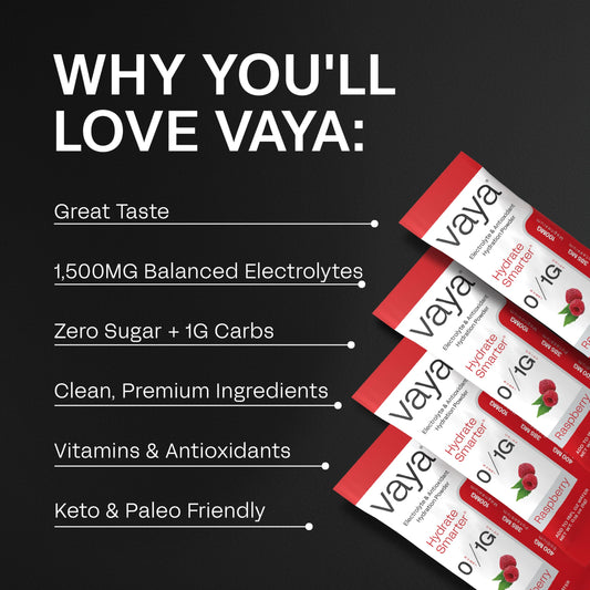 Vaya Raspberry electrolyte powder poured into water for quick refreshment.