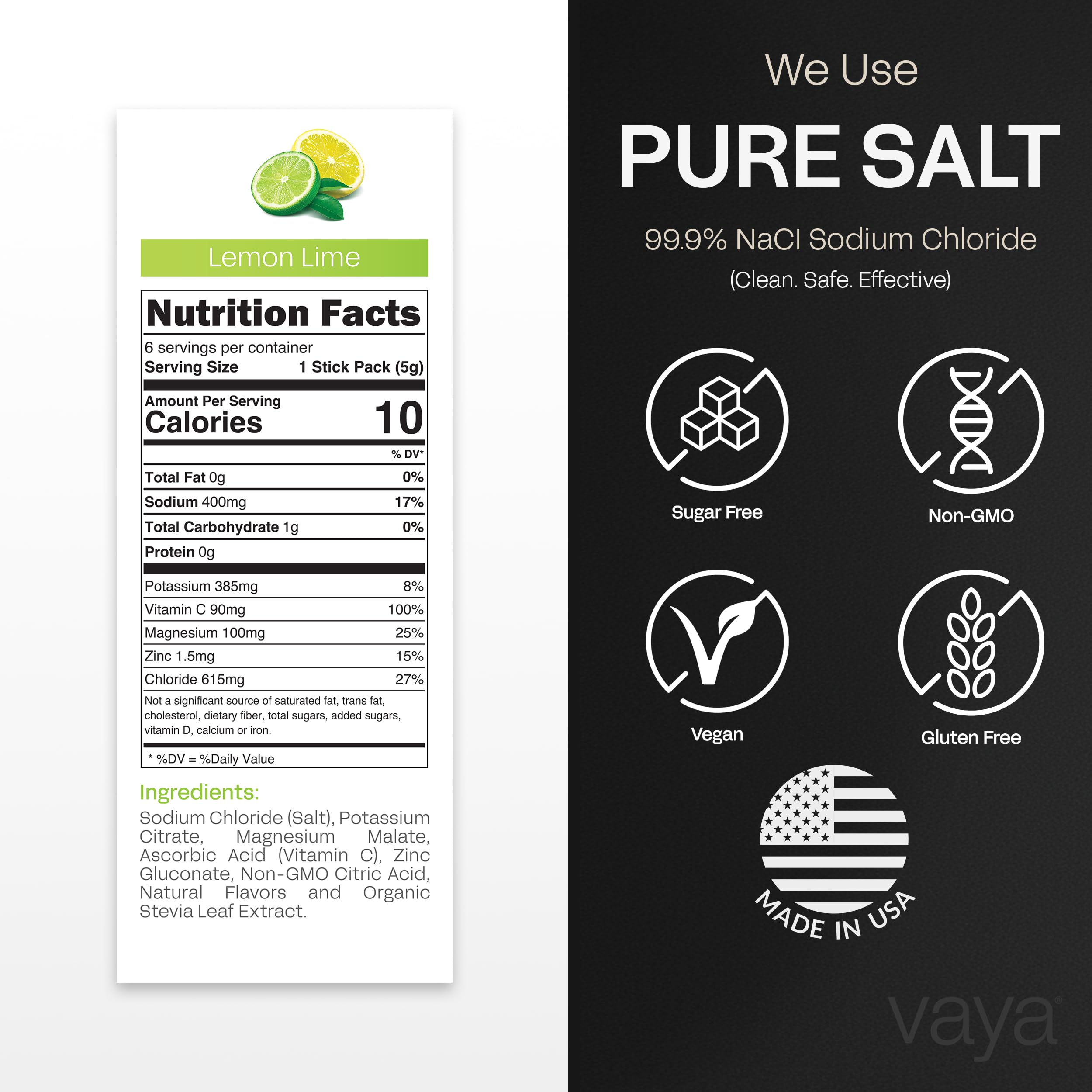 Vaya sugar-free electrolyte packets dissolving in water for zero-sugar hydration.