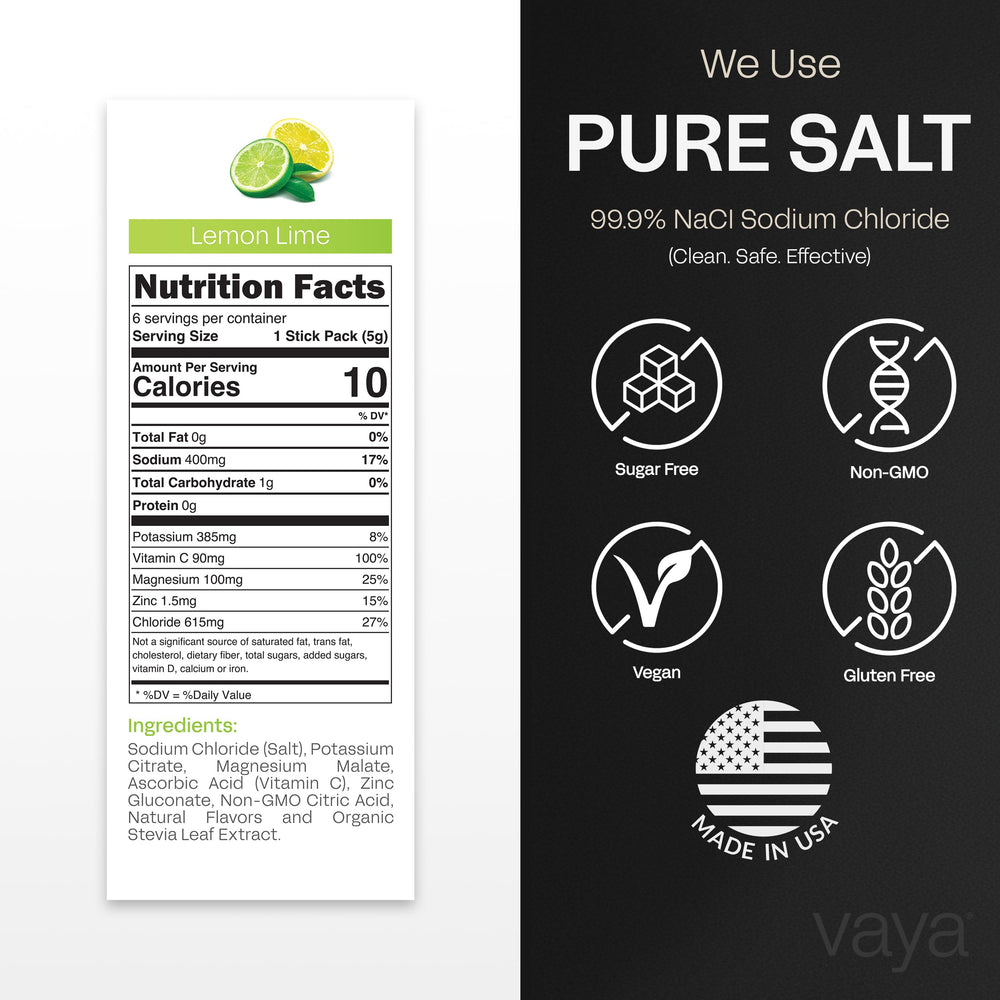 Vaya sugar-free electrolyte packets dissolving in water for zero-sugar hydration.