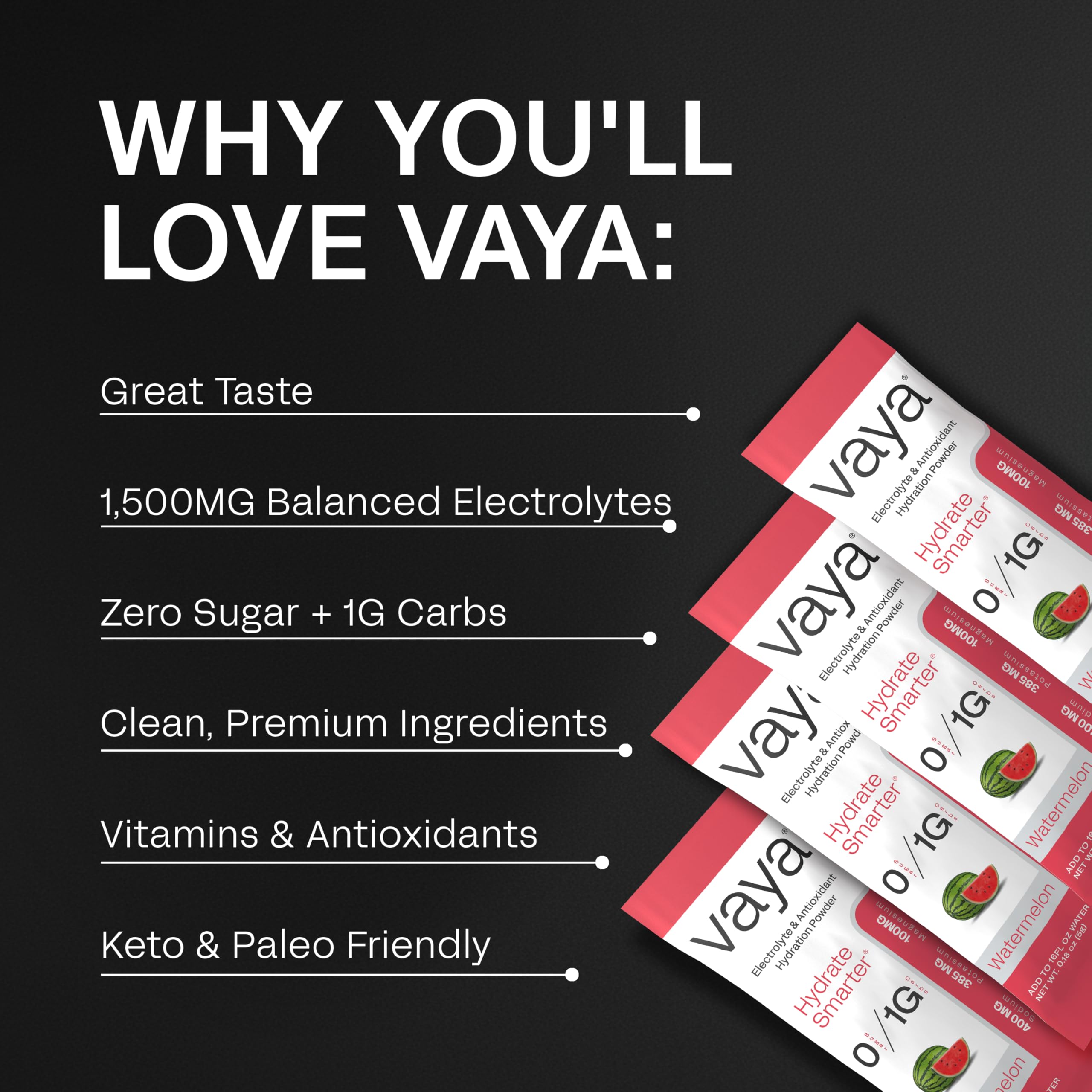 Vaya sugar-free electrolyte packets Watermelon side view highlighting clean ingredients.