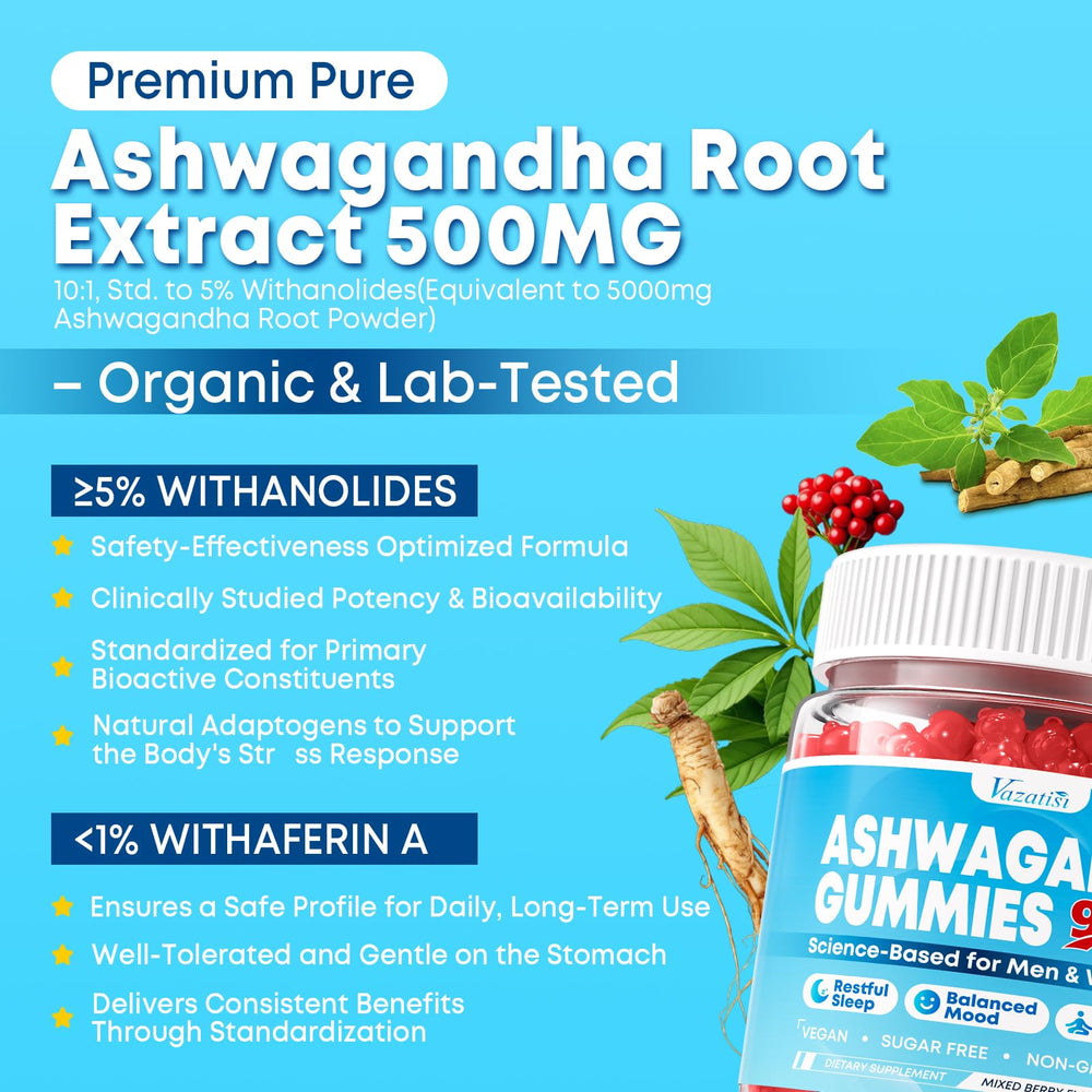 Vazatisi Ashwagandha Gummies daily-routine shot with bottle on desk.