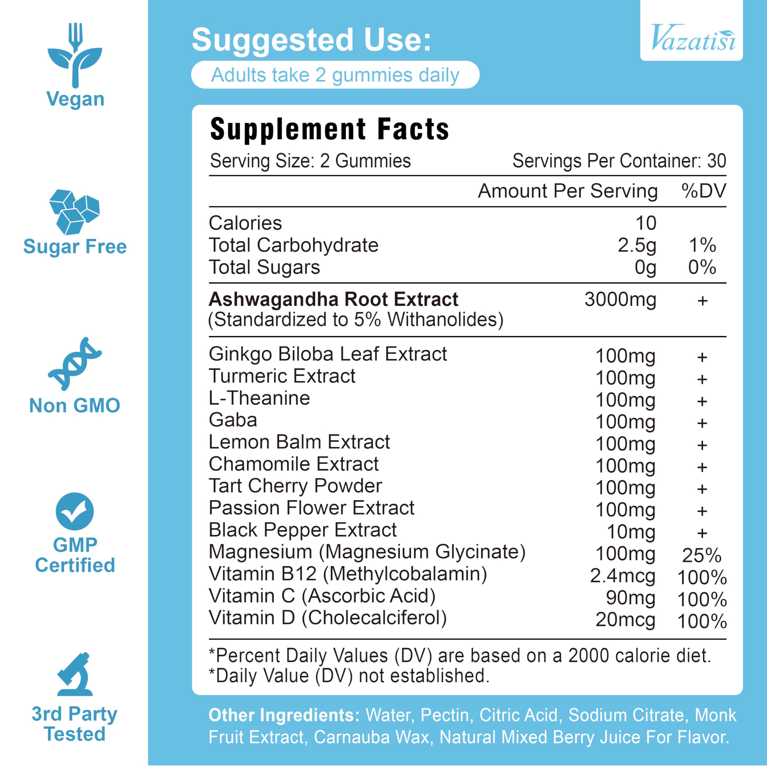 Vazatisi Ashwagandha Gummies jar close-up highlights berry flavor and easy chewability.
