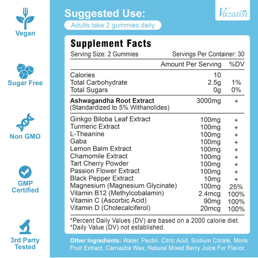 Vazatisi Ashwagandha Gummies jar close-up highlights berry flavor and easy chewability.