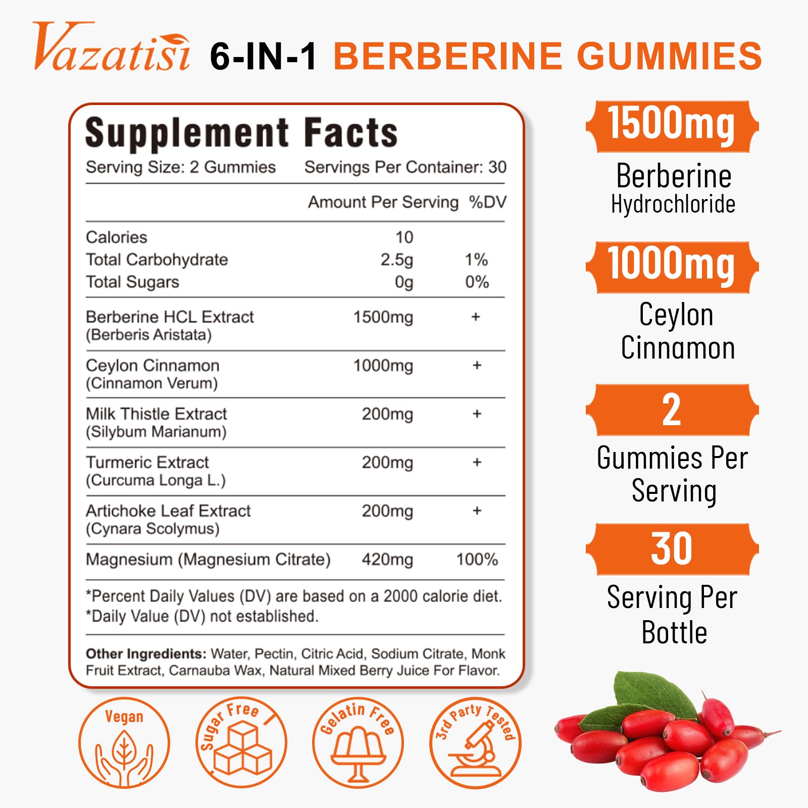 Vazatisi Berberine Gummies close-up shows gummy texture and flavor.