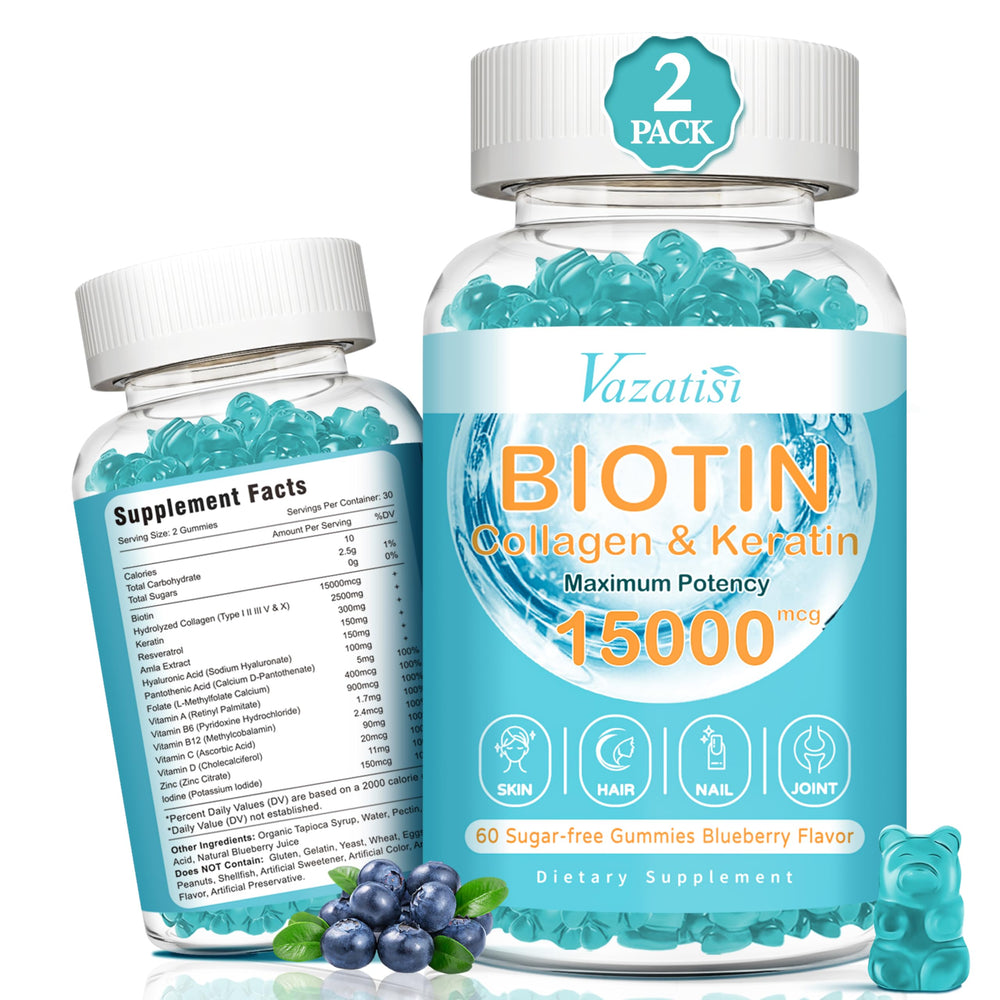 Vazatisi Biotin with Collagen Gummies bottle pour suggesting skin hydration and hair support.