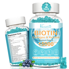 Vazatisi Biotin with Collagen Gummies bottle pour suggesting skin hydration and hair support.