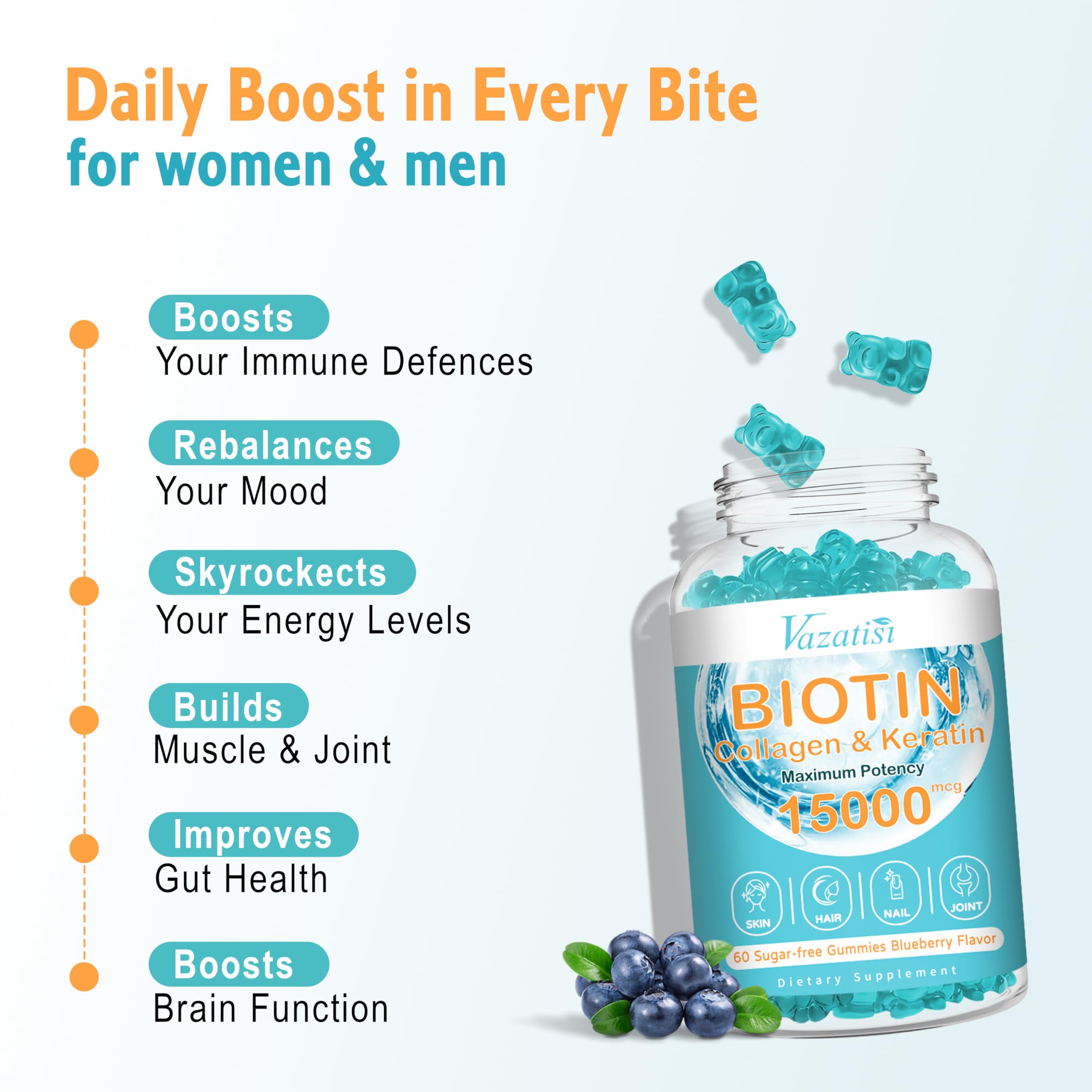 Vazatisi ingredients label emphasizing collagen, biotin and key nutrients.