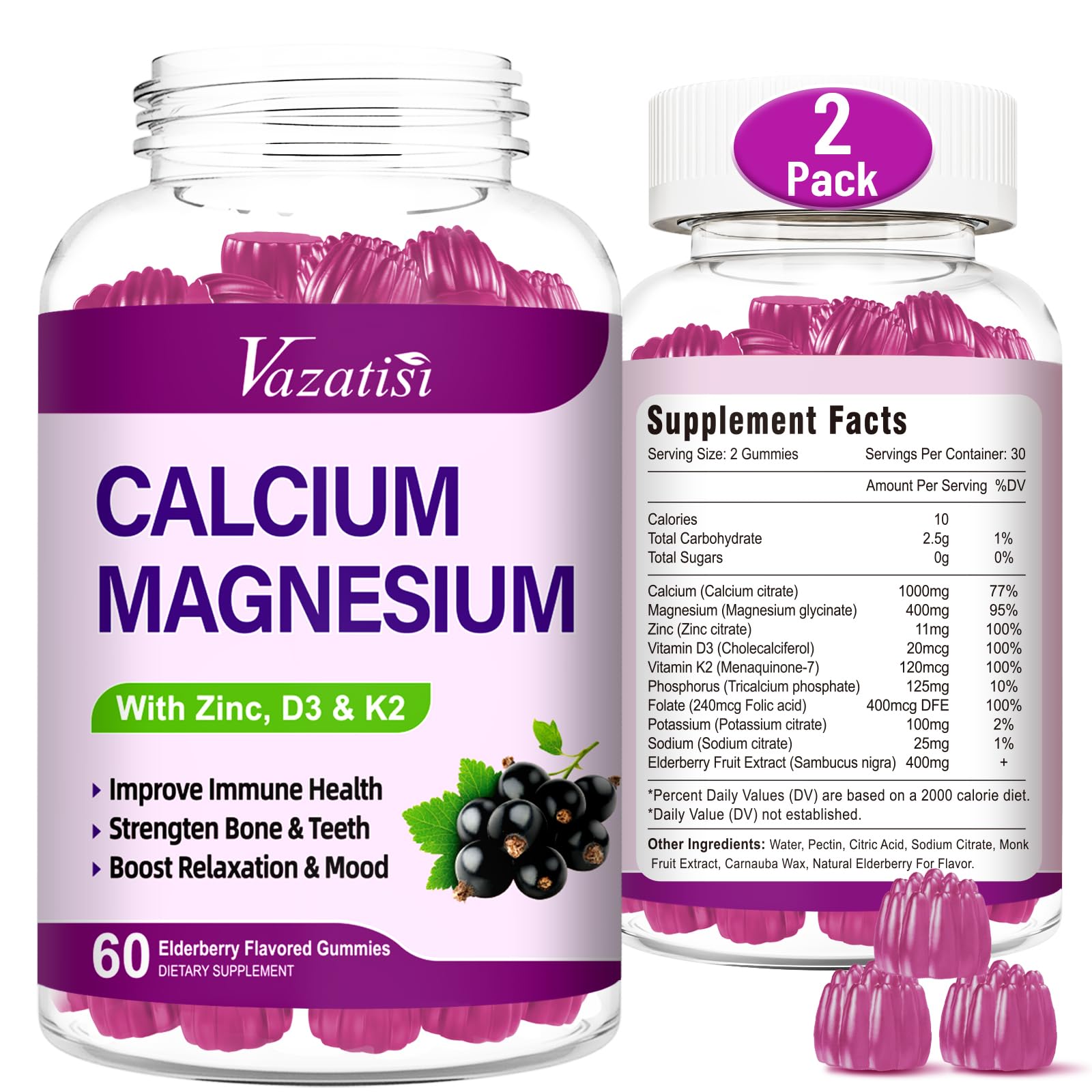 Vazatisi calcium magnesium zinc gummies elderberry bottle for daily wellness.