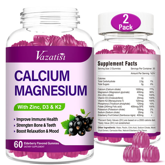 Vazatisi calcium magnesium zinc gummies elderberry bottle for daily wellness.