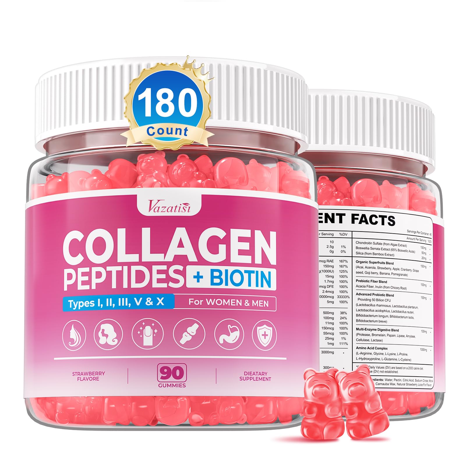 Vazatisi Collagen Gummies bottle close-up, showcasing convenient daily beauty support.