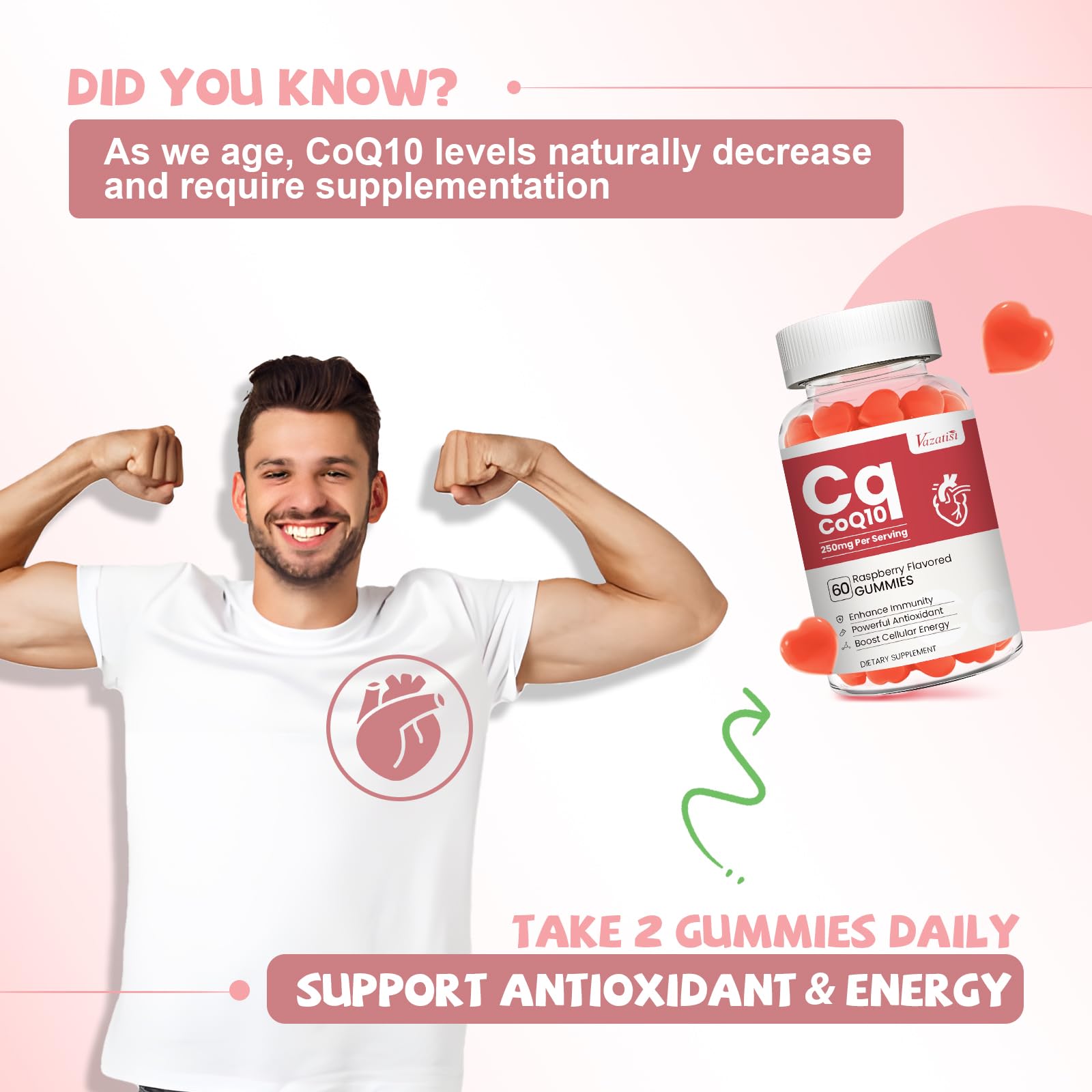 Vazatisi CoQ10 Gummies 8-in-1 formula label on the bottle.