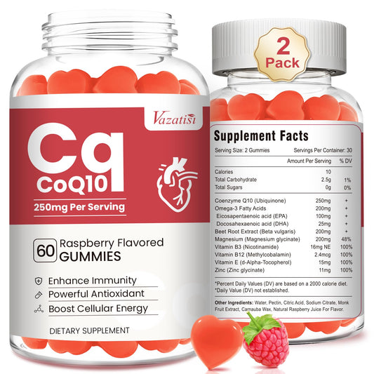 Vazatisi CoQ10 Gummies raspberry bottle for easy daily energy support.