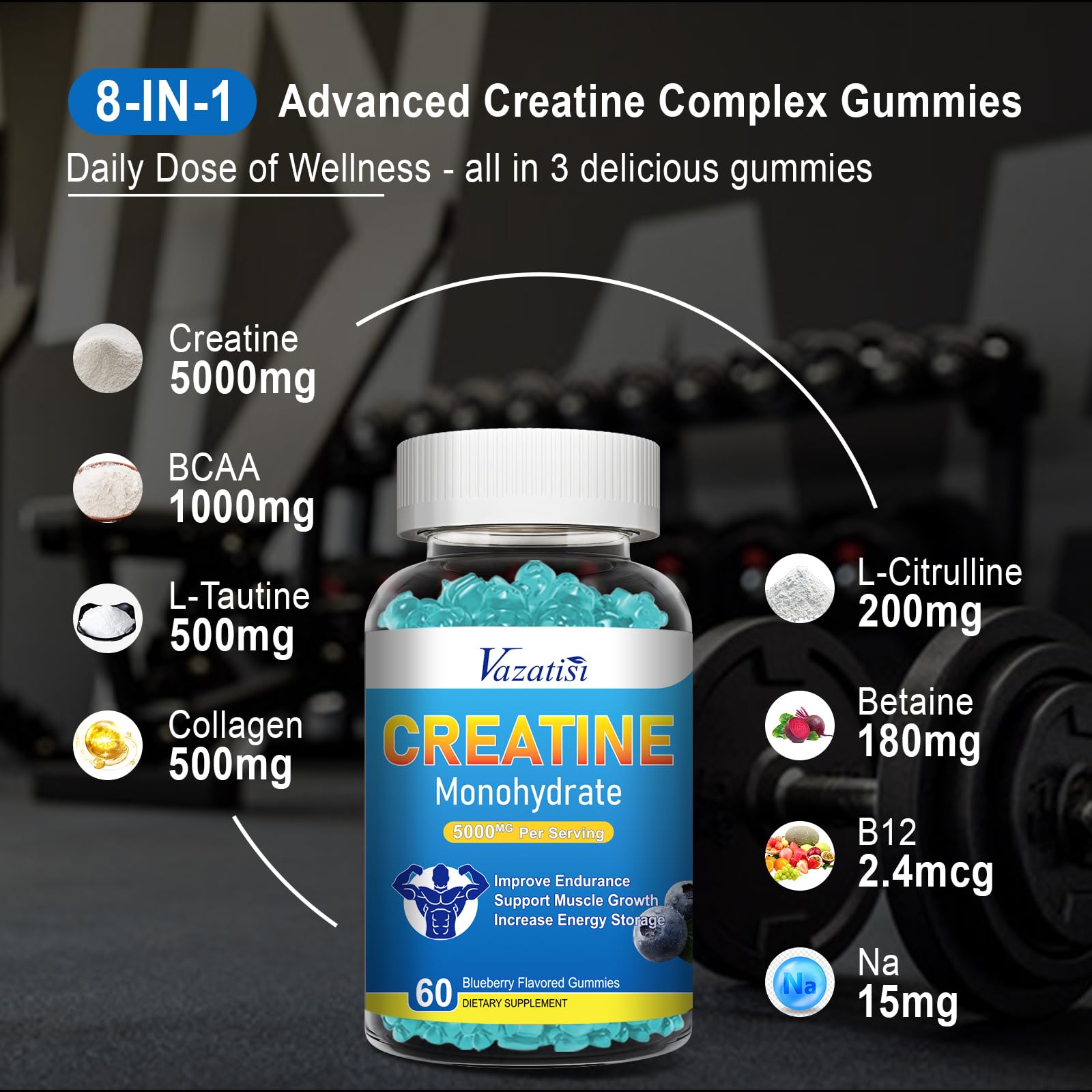 Vazatisi ingredients panel close-up highlighting 8-in-1 formula for performance.