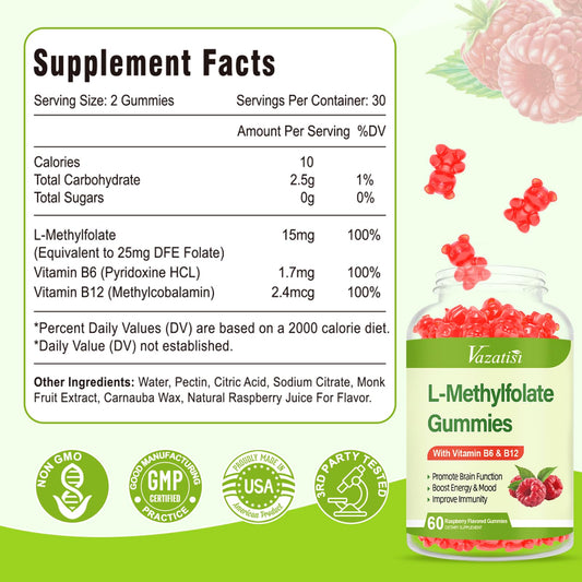 Vazatisi L-Methylfolate gummies bottle back showing ingredients and suggested use.