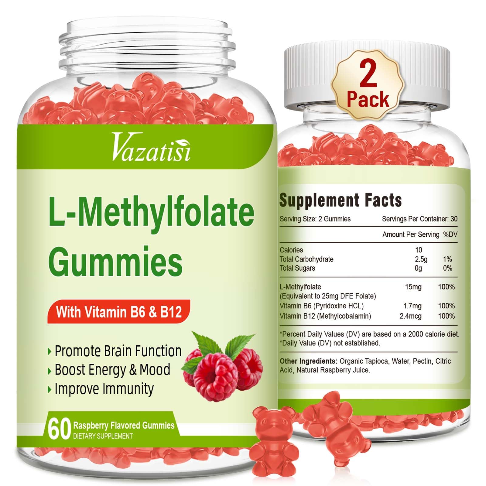 Vazatisi L-Methylfolate gummies bottle front with raspberry flavor for daily mood support.